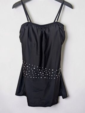 Black Swim Dress One Piece Studded Tankini Style Tummy Control Flowy Swimwear